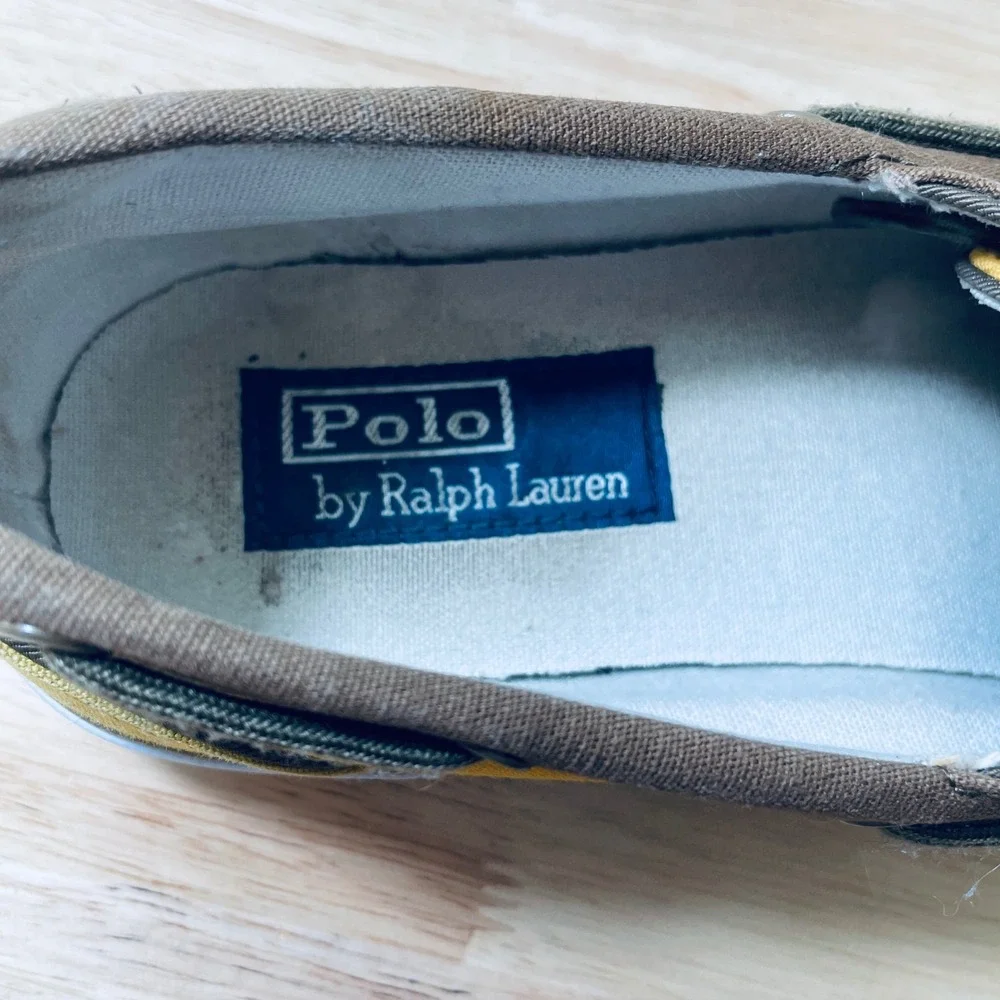 Polo Ralph Lauren Mens Lander P Yellow Canvas Boat Shoes 9D Brown Trim